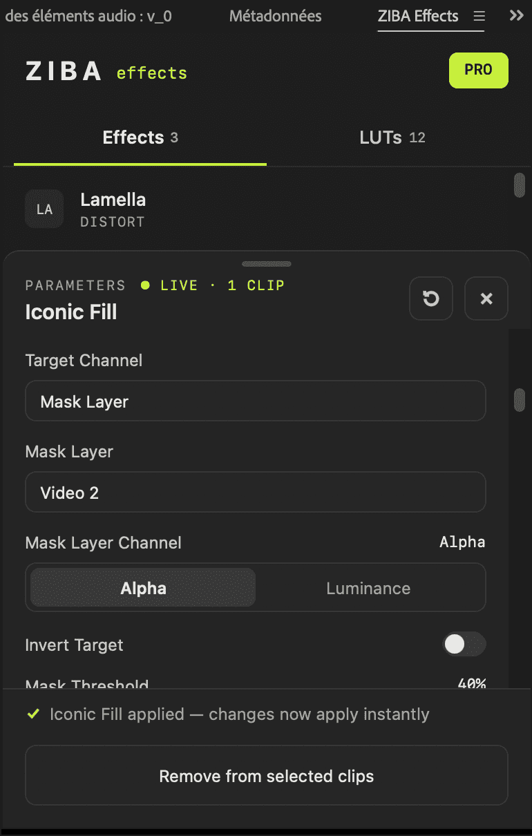 The ZIBA Effects panel showing the live settings of Iconic Fill